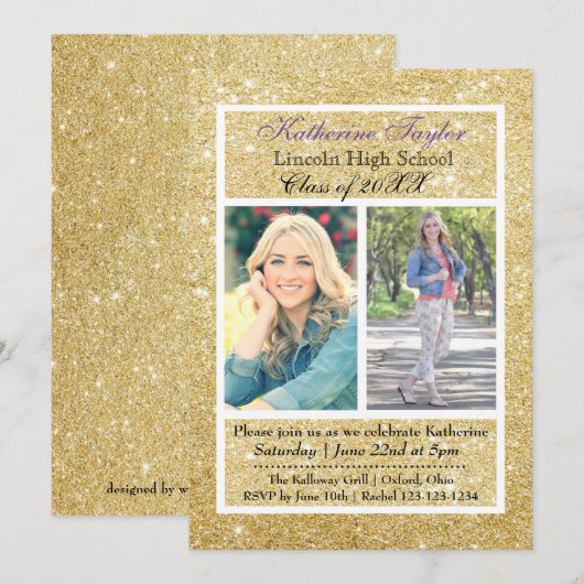 Gold Glitter Afstuderen Aankondiging 2 Foto's (Voorkant / Achterkant)