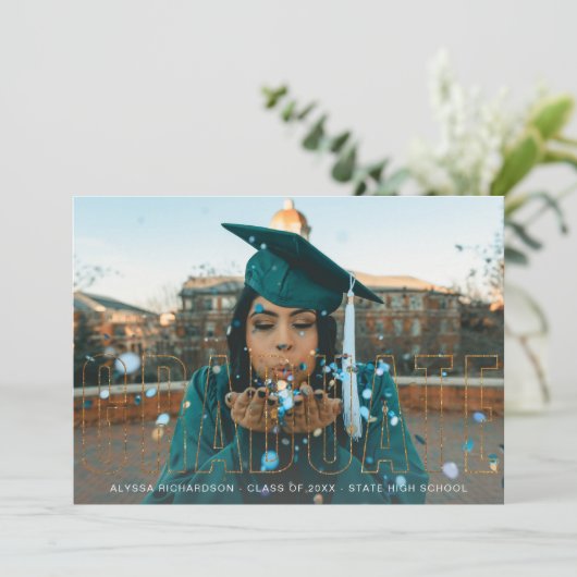 Gold Glitter Afstuderen Foto-aankondiging Kaart (Staand voorkant)