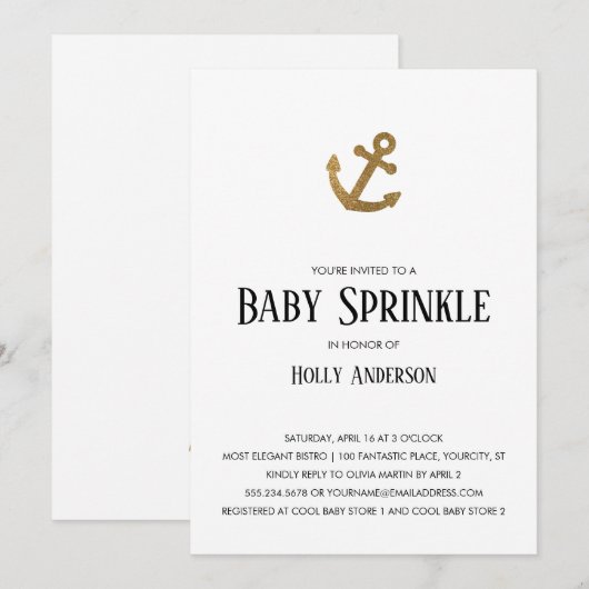 Gold Glitter Anchor Simple Baby Sprinkle Kaart (Voorkant / Achterkant)