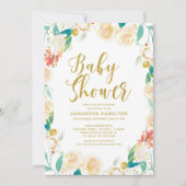 Gold Glitter Apricot Floral Girl Baby shower Kaart (Voorkant)