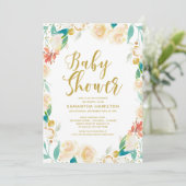 Gold Glitter Apricot Floral Girl Baby shower Kaart (Staand voorkant)