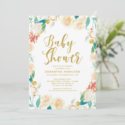 Gold Glitter Apricot Floral Girl Baby shower Kaart (Staand voorkant)