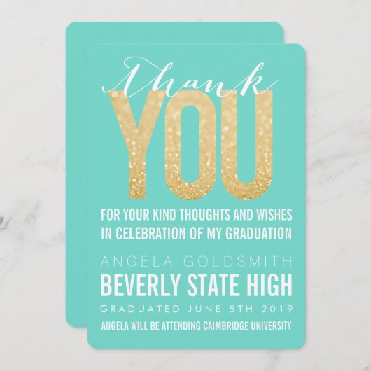 Gold Glitter Aqua Afstuderen Hartelijk dank Kaart (Voorkant / Achterkant)
