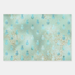 Gold Glitter Aqua Glam Tropische anananassen   Inpakpapier Vel