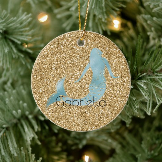 Gold Glitter Aqua Mermaid Personalized Keramisch Ornament (Boom)