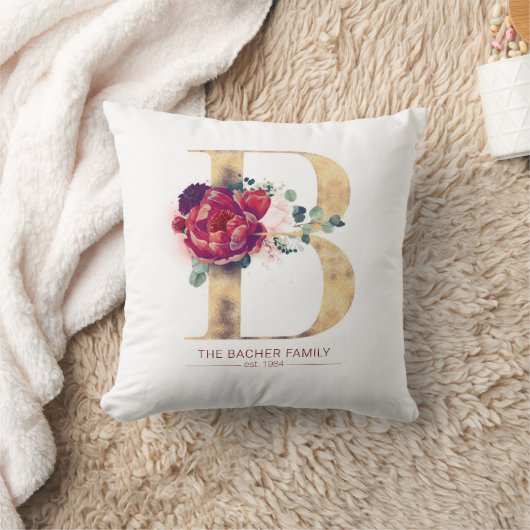 Gold Glitter B Monogram Floral Burgundy Red Kussen (Deken)