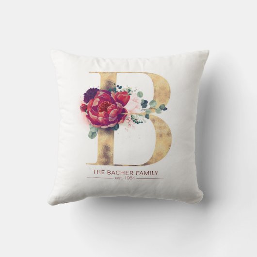 Gold Glitter B Monogram Floral Burgundy Red Kussen (Achterkant)