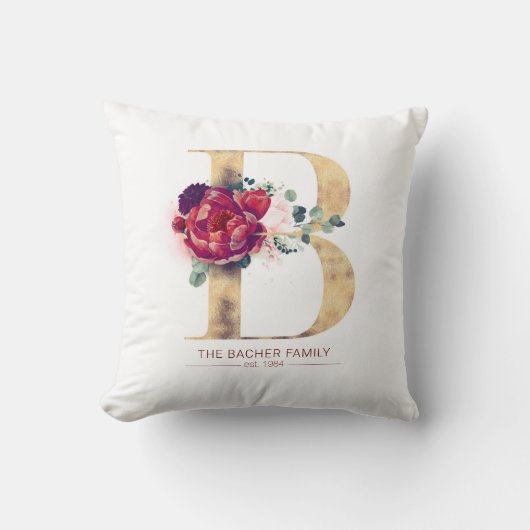 Gold Glitter B Monogram Floral Burgundy Red Kussen (Voorkant)
