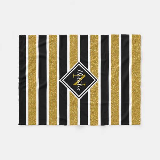 Gold Glitter B&W Stripes met naam en monogram Fleece Deken (Voorkant (Horizontaal))