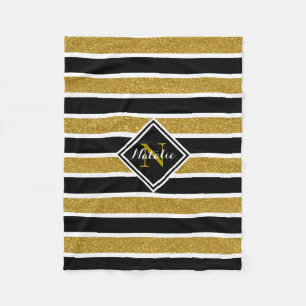 Gold Glitter B&W Stripes met naam en monogram Fleece Deken