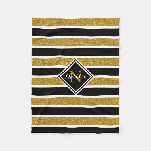 Gold Glitter B&W Stripes met naam en monogram Fleece Deken (Voorkant)