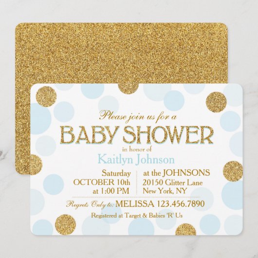 Gold Glitter Baby Blue Scattered Stippen Baby show Kaart (Voorkant / Achterkant)