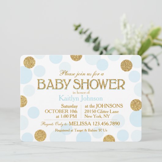 Gold Glitter Baby Blue Scattered Stippen Baby show Kaart (Staand voorkant)