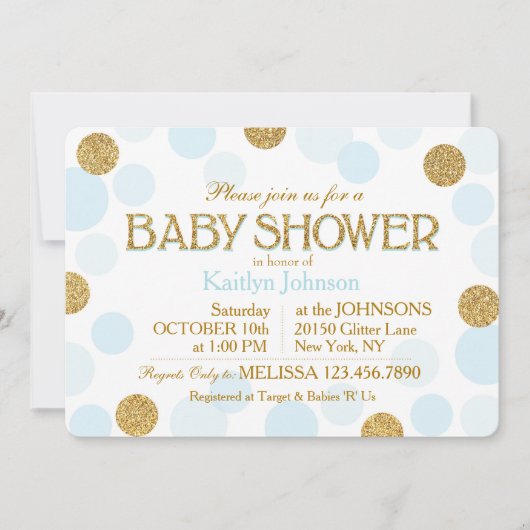 Gold Glitter Baby Blue Scattered Stippen Baby show Kaart (Voorkant)