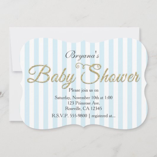 Gold Glitter BABY SHOWER Blue Striped Invitations Kaart (Voorkant)