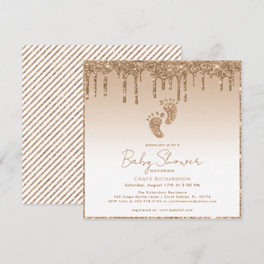 Gold Glitter Baby shower Uitnodiging met Baby Feet (Voorkant / Achterkant)