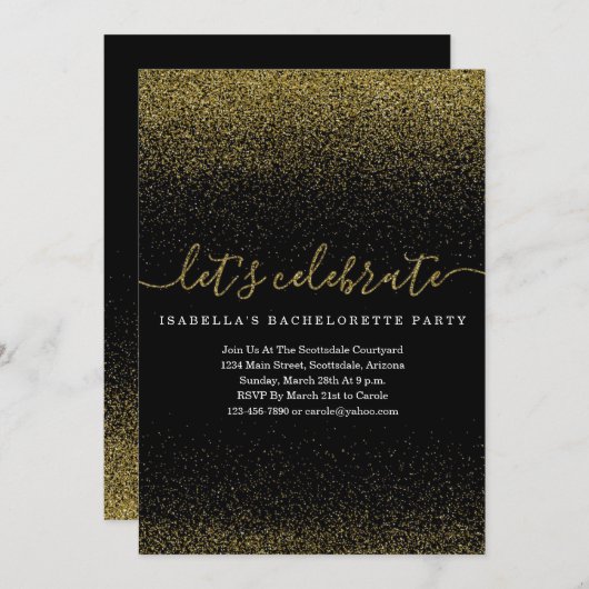 Gold Glitter Bachelorette Party Invitation Kaart (Voorkant / Achterkant)