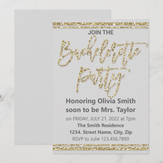 Gold Glitter Bachelorette Party Invitation Kaart (Voorkant / Achterkant)