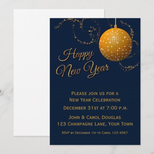 Gold Glitter Ball, Navy Blue, New Years Eve Kaart (Voorkant / Achterkant)