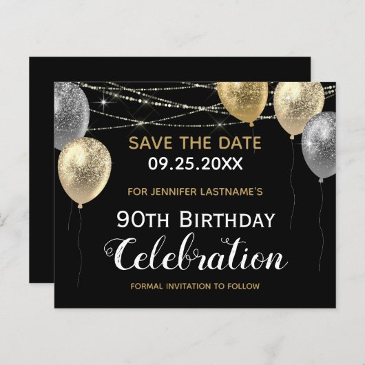Gold Glitter-ballonnen 90th Birthday Save the Date (Voorkant / Achterkant)