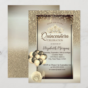 Gold Glitter, ballonnen, hoge hakken, Tiara Quince Kaart