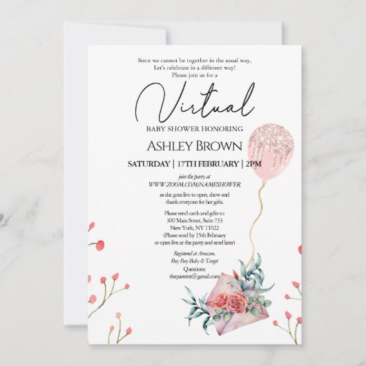 Gold Glitter-ballonroze Floral Virtual Shower Kaart (Voorkant)