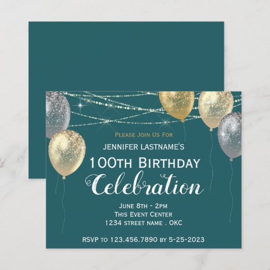 Gold Glitter Balloons 100e verjaardag (Voorkant / Achterkant)