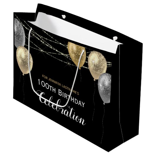 Gold Glitter Balloons 100e verjaardag Groot Cadeauzakje (Voorkant Gekanteld)