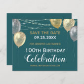 Gold Glitter Balloons 100e verjaardag Save the Dat (Voorkant / Achterkant)