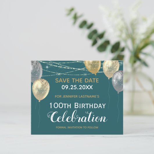 Gold Glitter Balloons 100e verjaardag Save the Dat (Staand voorkant)