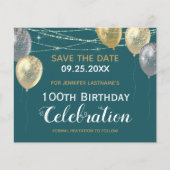 Gold Glitter Balloons 100e verjaardag Save the Dat (Voorkant)