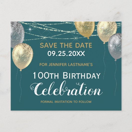 Gold Glitter Balloons 100e verjaardag Save the Dat (Voorkant)