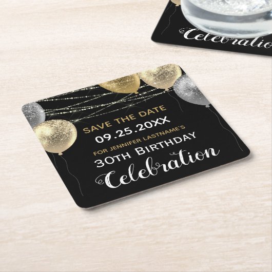 Gold Glitter Balloons 30th Birthday Save the Date Kartonnen Onderzetters (Schuin)