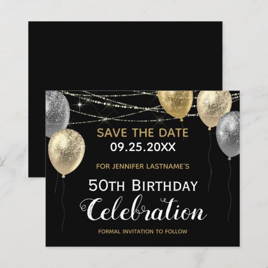 Gold Glitter Balloons 50th Birthday Save the Date (Voorkant / Achterkant)