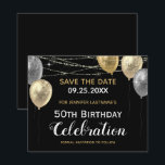 Gold Glitter Balloons 50th Birthday Save the Date<br><div class="desc">Elegant stroomlijner confetti markeert de bovenste rand. Faux glitter Gold en zilveren ballonnen. Alle tekst kan worden aangepast en kan eenvoudig worden gewijzigd voor uw eigen wensen. Grote elegant sparen het ontwerp van de sjabloon van de verjaardagsfeestdag van de datum. Sparen de datumuitnodigingen</div>