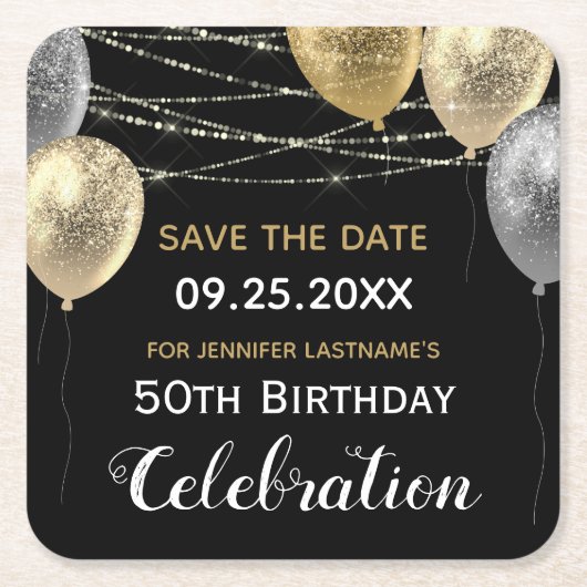 Gold Glitter Balloons 50th Birthday Save the Date Kartonnen Onderzetters (Voorkant)