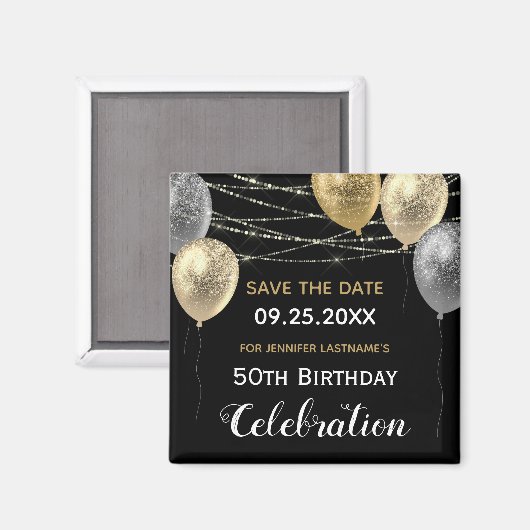 Gold Glitter Balloons 50th Birthday Save the Date Magneet (Voorkant / Achterkant)