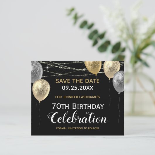 Gold Glitter Balloons 70e verjaardag Save the Date (Staand voorkant)