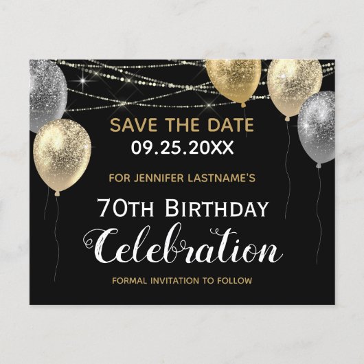Gold Glitter Balloons 70e verjaardag Save the Date (Voorkant)