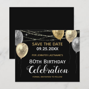 Gold Glitter Balloons 80th Birthday Save the Date
