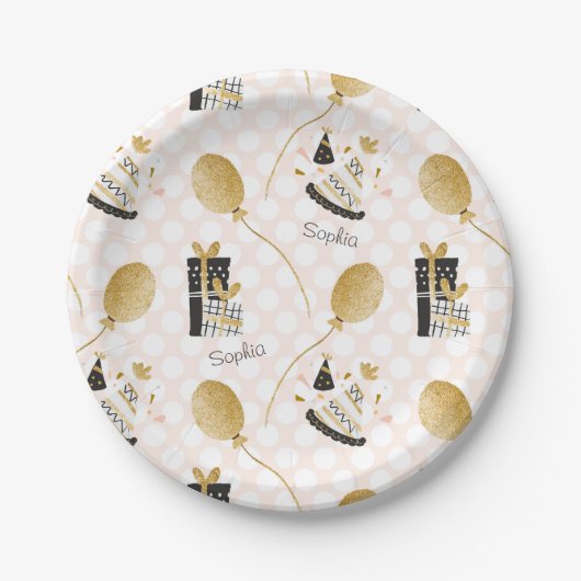 Gold Glitter Balloons en Petten van feestdagen Papieren Bordje (Voorkant)