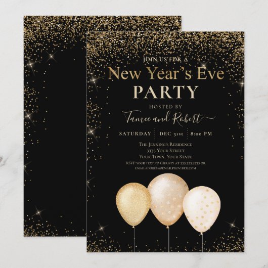 Gold Glitter Balloons Nieuwjaar Kaart (Voorkant / Achterkant)