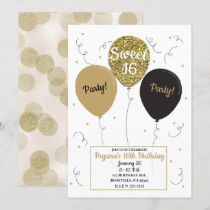 Gold Glitter Balloons Sweet 16 Birthday Party Kaart