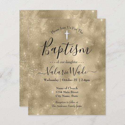 Gold Glitter Baptism Budget Invitations (Voorkant / Achterkant)