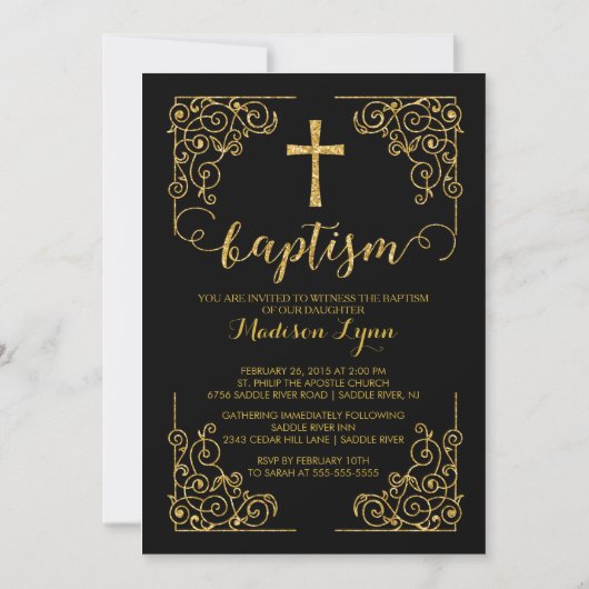 Gold Glitter Baptism Christening Cross Uitnodiging (Voorkant)