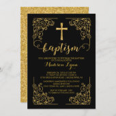 Gold Glitter Baptism Christening Cross Uitnodiging (Voorkant / Achterkant)