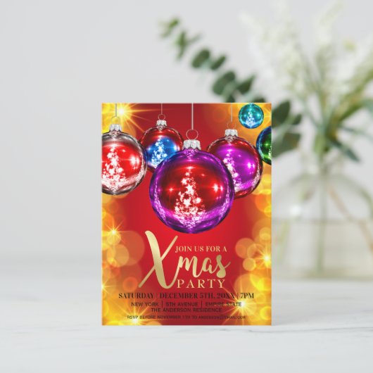 Gold Glitter Baubles kerstfeest uitnodiging (Staand voorkant)