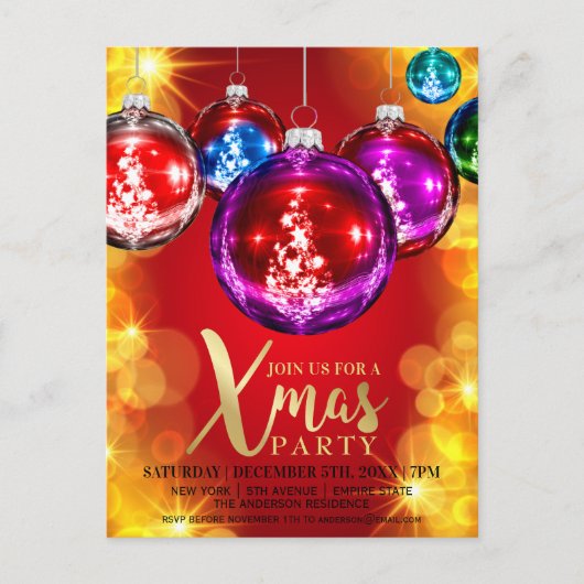 Gold Glitter Baubles kerstfeest uitnodiging (Voorkant)