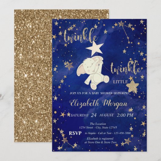 Gold Glitter Beer Twinkle Little Star Baby shower Kaart (Voorkant / Achterkant)