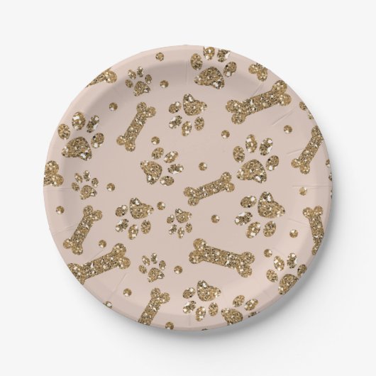 Gold Glitter Beige Blush Pet Paw Bone Puppy Dog Papieren Bordje (Voorkant)